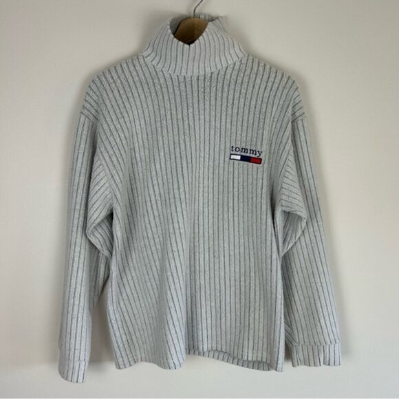 Vintage Y2K Tommy Hilfiger Grey Turtle Neck Ribbed Sweater Size S - Picture 1 of 5